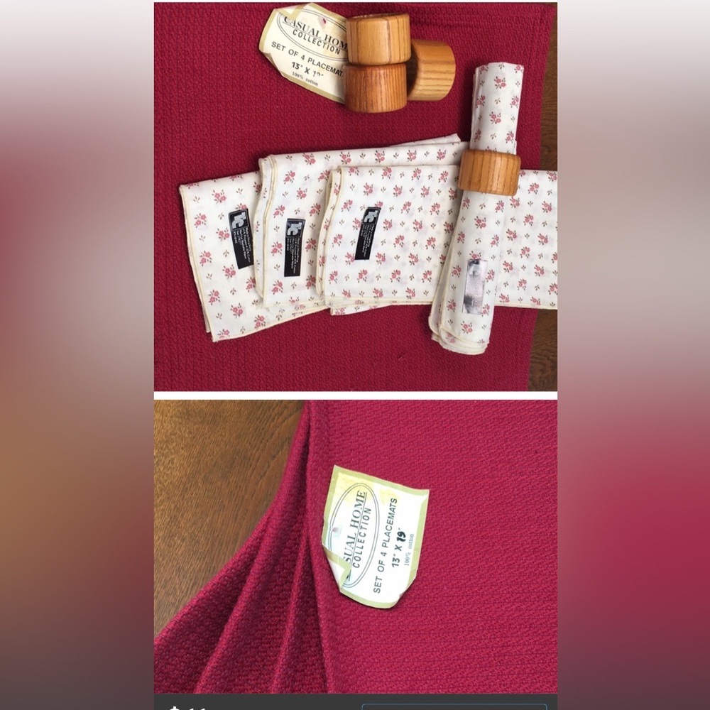 Set/4 placemats, napkins, oak nap.rings. Burgandy wine colored mats 13x19”. New.